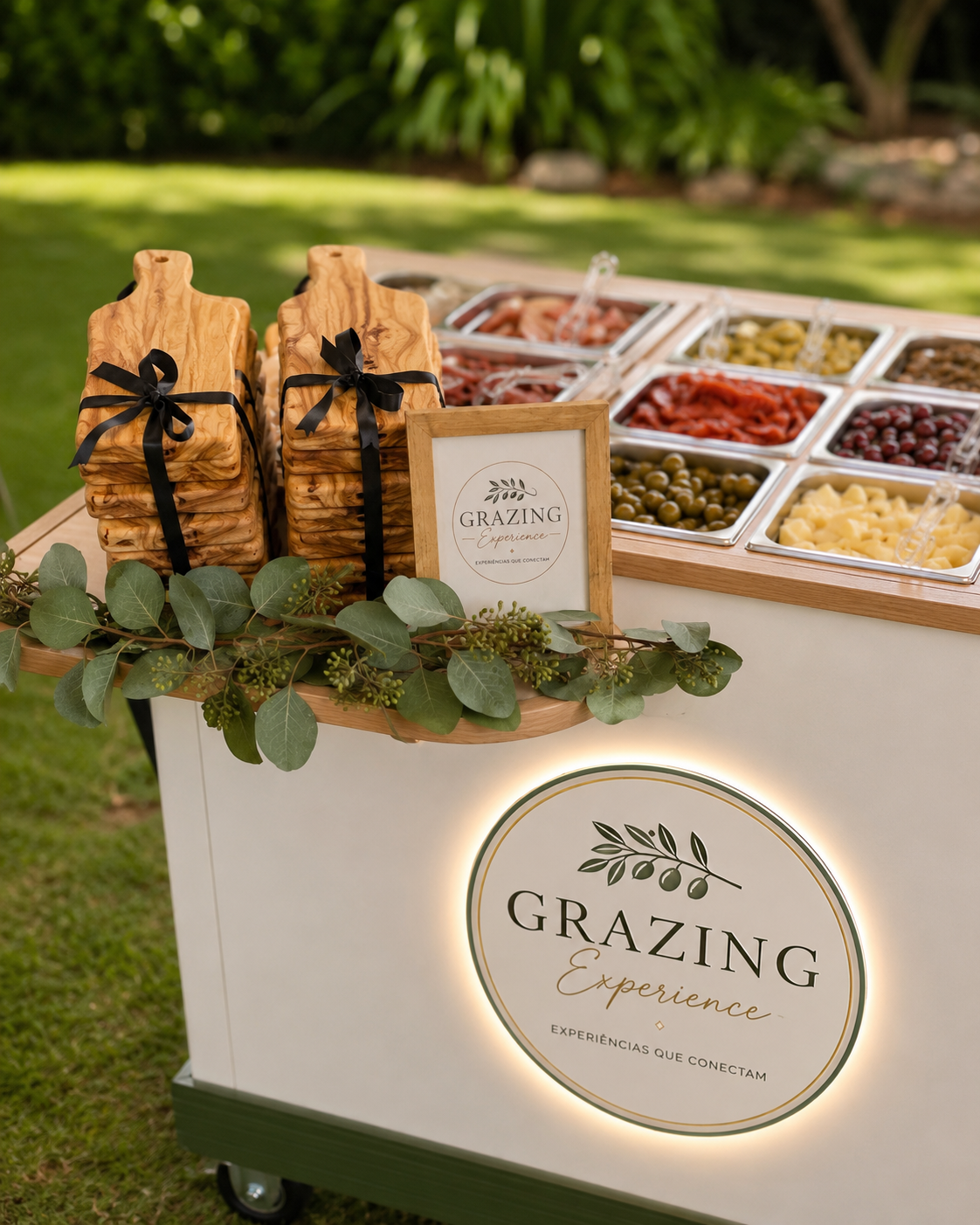 Detalhe do bar Grazing Experience em celebração ao ar livre, com tábuas de madeira e cubas de charcutarias, azeitonas e frutas