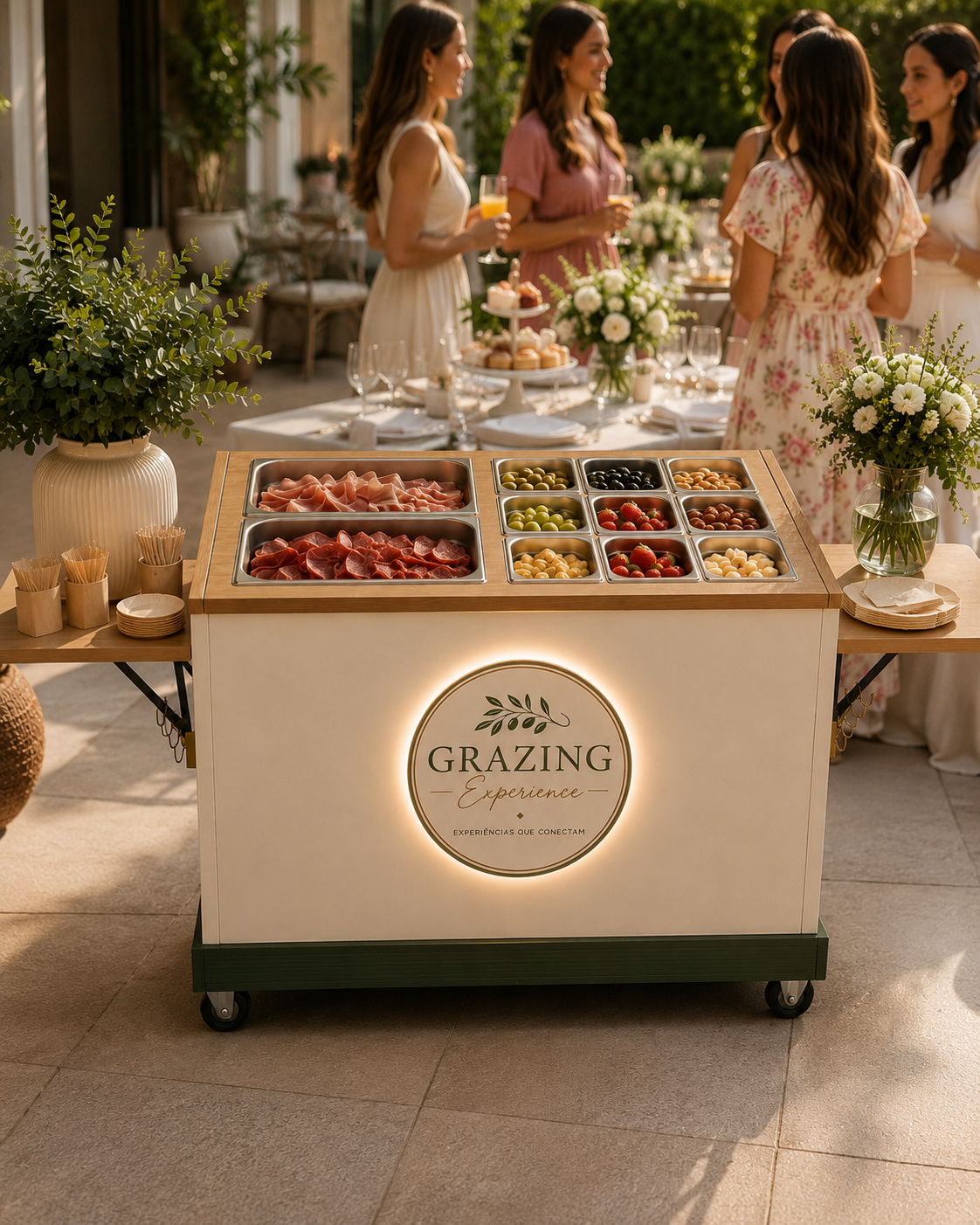 Bar de charcutaria Grazing Experience em recepção ao ar livre, com convidados brindando ao fundo