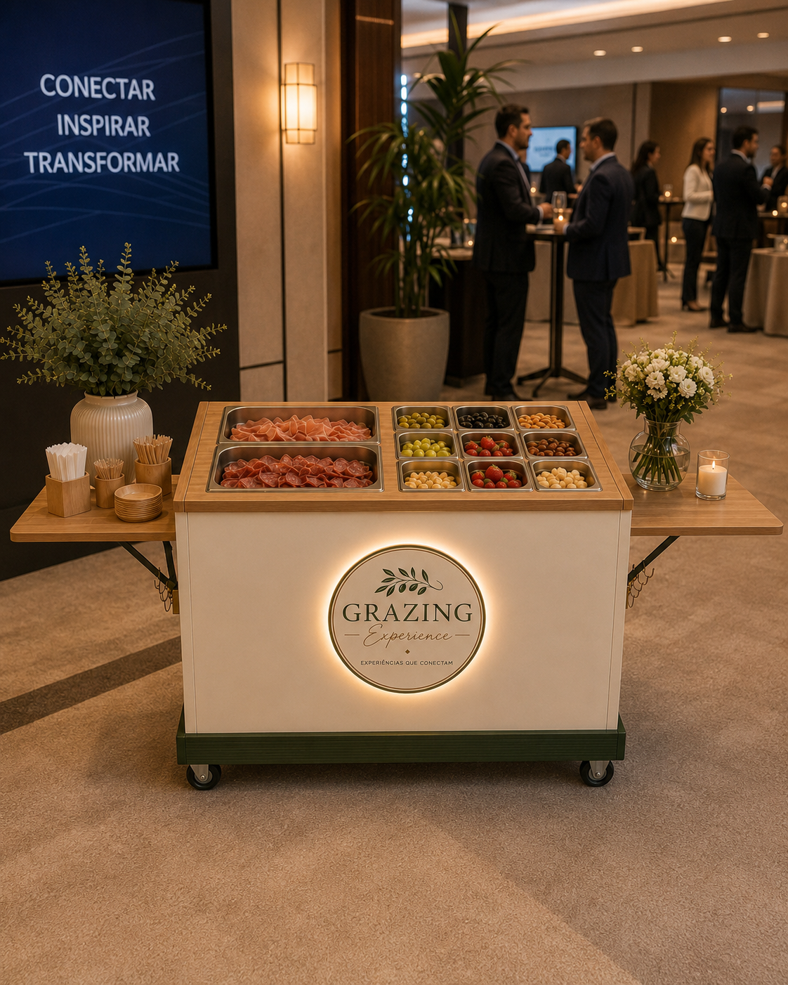 Bar de charcutaria Grazing Experience em evento corporativo, com convidados recebendo porções individuais